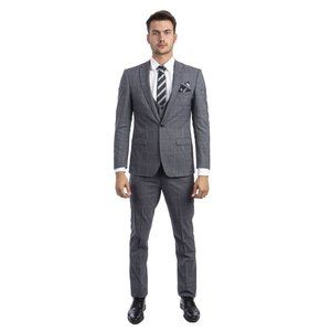 Tazio Ultra Slim Fit Plaid 3pc Mens Suit, Grey